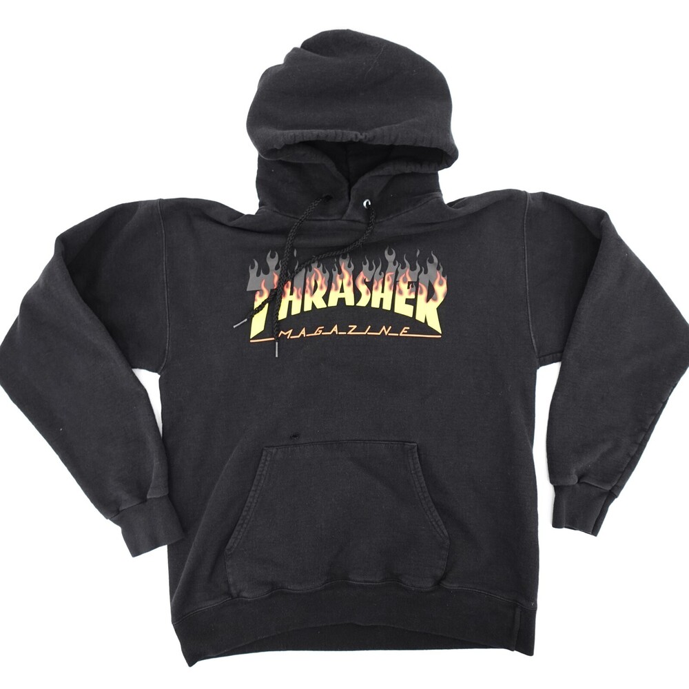 Thrasher Hoodie Mens Small Black Flame Logo Magazine Skate Pullover Sweatshirt
